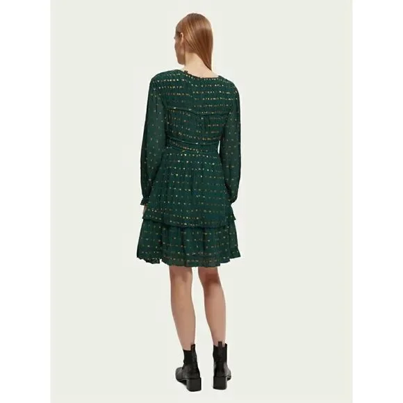 Scotch & Soda Long Sleeved Lurex Jacquard Ruffle Green Dress size M NWT$248 - Picture 2 of 9